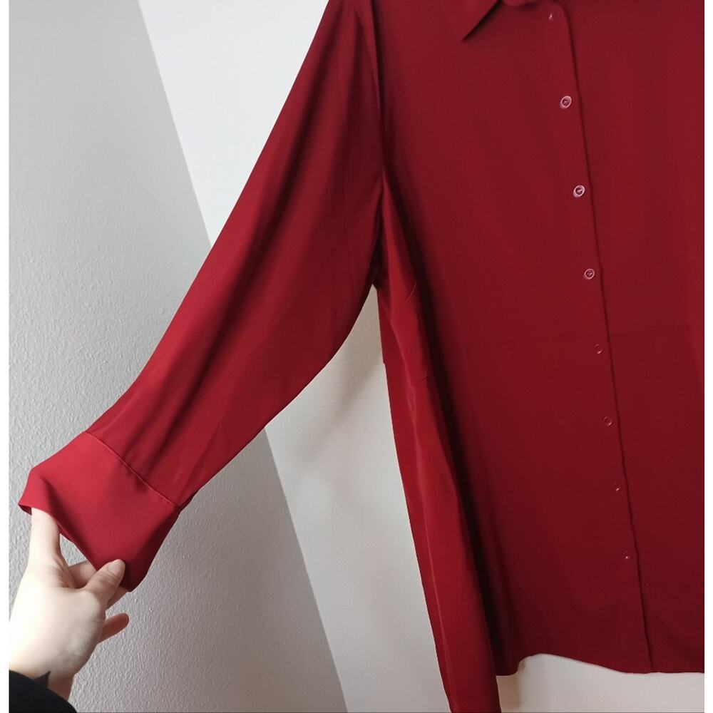 Susan Graver Tunic Rich Red Long Sleeve Silky Flowy Button Down - Picture 3 of 8